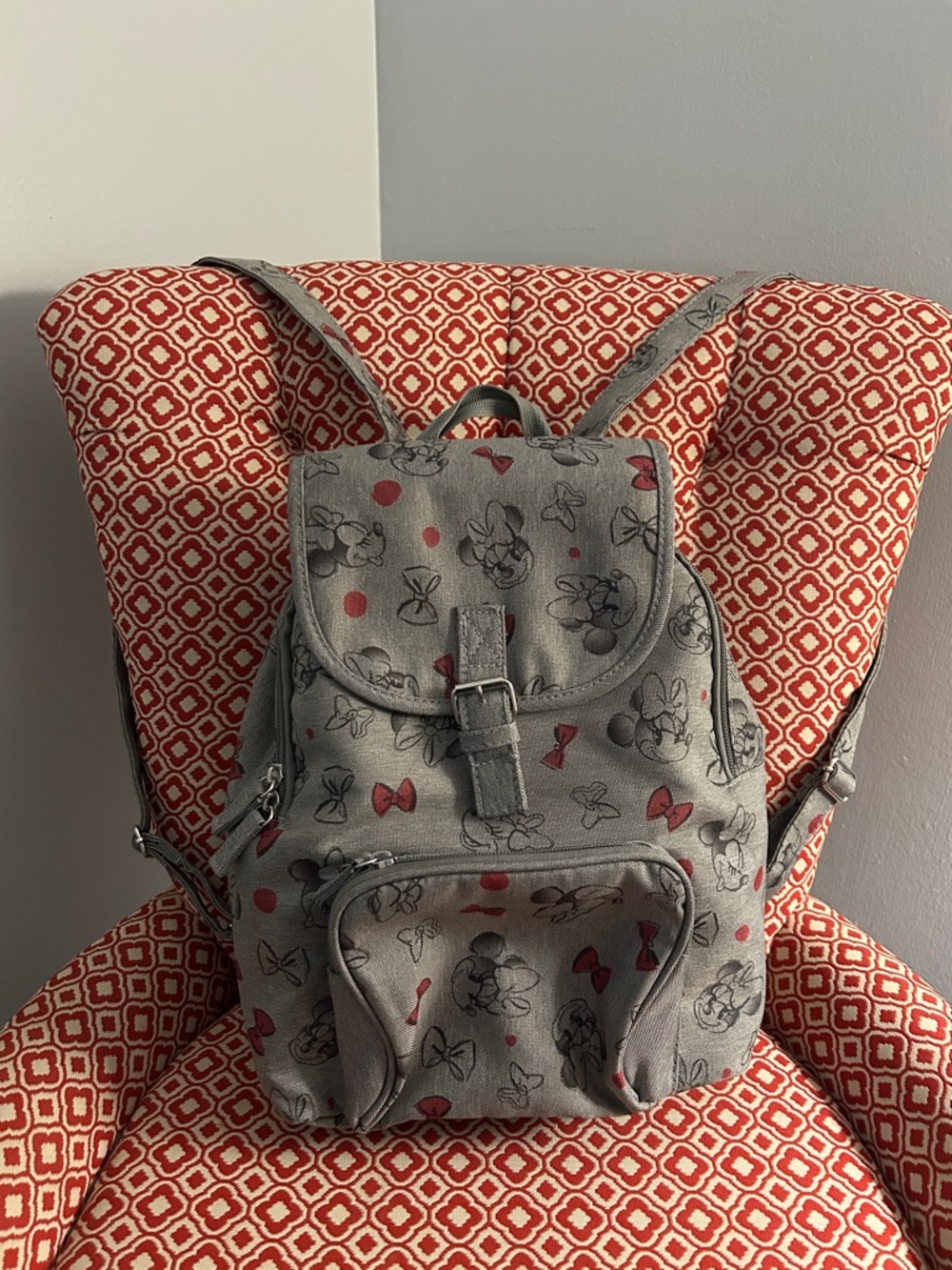 Disney Gray Mini Backpack with Minnie Mouse and Red Bow Accents